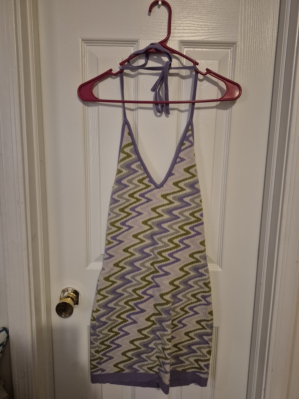 Cotton Candy Lavender and Olive Zigzag Knit Halter Dress